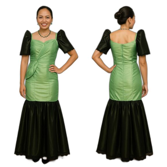 Filipiniana Gown Butterfly Sleeves - XS, Custom Made, Green & Black, Gently Used - Picture 1 of 3